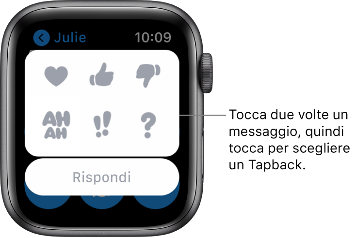 Una conversazione in Messaggi con opzioni Tapback: cuore, pollice verso l’alto, pollice verso il basso, AHAH, !! e ?. Sotto è visibile il pulsante di risposta.