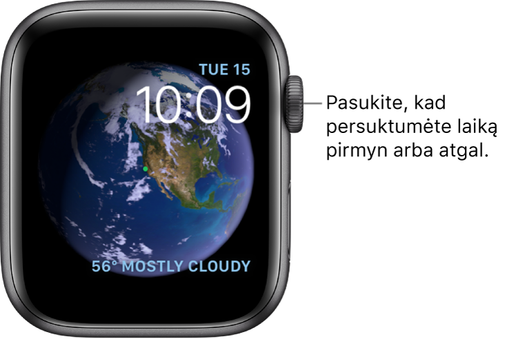 Laikrodžio ciferblatas „Astronomy“, kuriame rodomi diena, data ir esamas laikas. „Weather“ valdiklis pateiktas viršuje dešinėje. Pasukite „Digital Crown“, kad persuktumėte laiką pirmyn arba atgal.