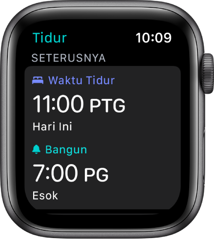 Skrin Tidur menunjukkan jadual tidur untuk waktu malam. Waktu Tidur, berdekatan bahagian atas, disetkan untuk 11:00 ptg. Di bawah Waktu Tidur ialah waktu bangun pada 7:00 pg.