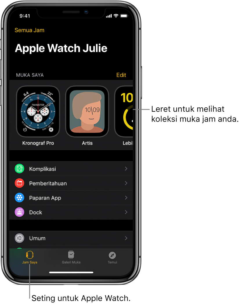 App Apple Watch pada iPhone membuka skrin ke Jam Saya, yang menunjukkan muka jam anda berhampiran bahagian atas dan seting di bawah. Terdapat tiga tab di bahagian bawah skrin app Apple Watch: tab kiri ialah Jam Saya, yang anda gunakan untuk pergi ke seting Apple Watch; seterusnya ialah Galeri Muka, yang anda boleh terokai muka jam dan komplikasi tersedia; kemudian Temui, yang anda boleh mengetahui dengan lebih lanjut tentang Apple Watch.