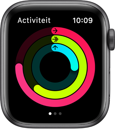 Het Activiteit-scherm met de bewegings-, trainings- en staanringen.