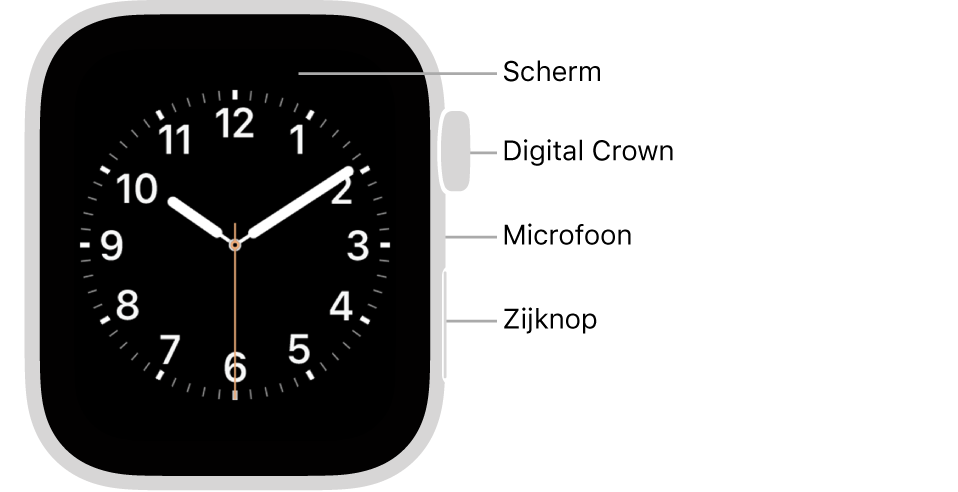 De voorkant van de Apple Watch Series 6, met de wijzerplaat op het scherm. Aan de zijkant, van boven naar beneden, zie je de Digital Crown, de microfoon en de zijknop.