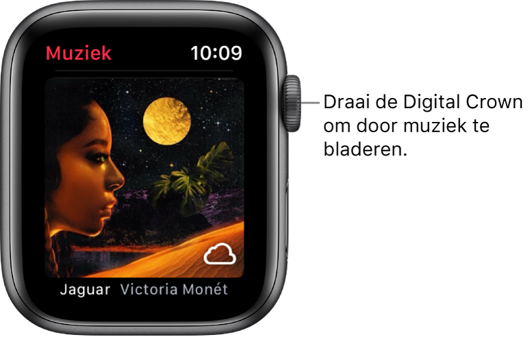 Scherm van de Muziek-app met een album en de bijbehorende albumillustratie.