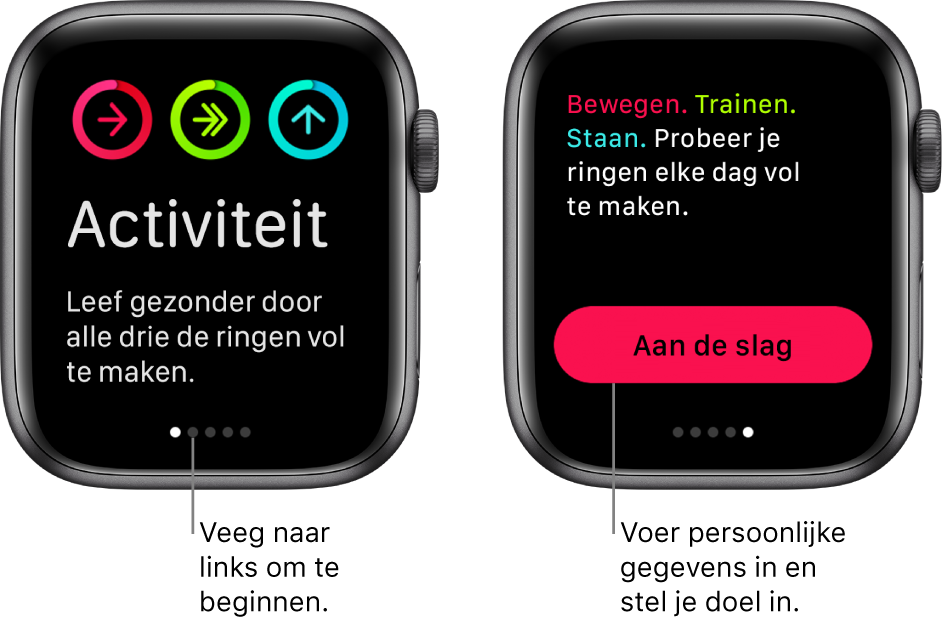 Twee schermen: Het ene scherm toont het beginscherm van de Activiteit-app en het andere scherm toont de knop 'Aan de slag'.
