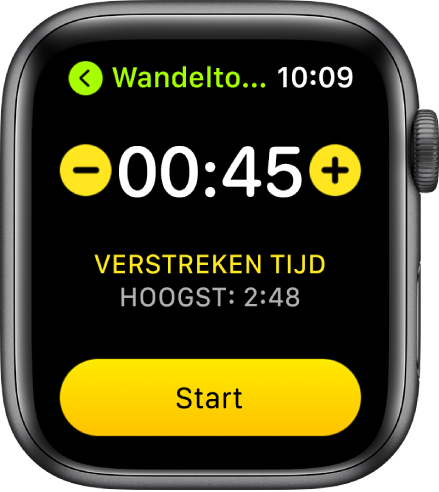 Het scherm voor het instellen van een doel, met bijna bovenin de tijd en aan weerskanten de knoppen – en +, en onderin de knop 'Start'.
