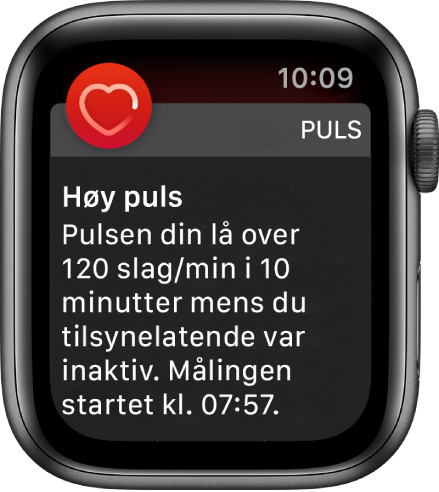 Høy puls-skjermen som viser en varsling om at pulsen din lå over 120 slag per minutt mens du har vært inaktiv i 10 minutter.