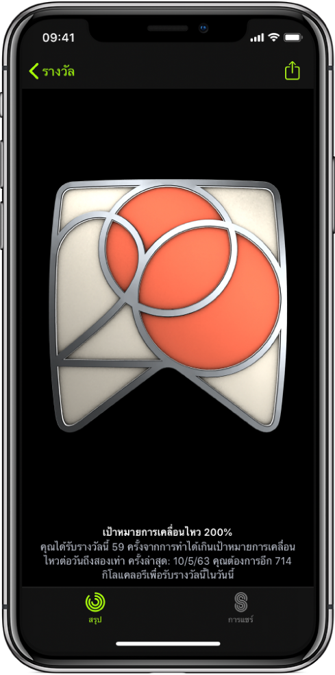 แถบรางวัลของหน้าจอแอพฟิตเนสบน iPhone ที่แสดงรางวัลแห่งความสำเร็จตรงกลางหน้าจอ คุณสามารถลากเพื่อหมุนรางวัลได้ ปุ่มแชร์จะอยู่ด้านขวาบน