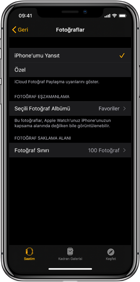 iPhone’daki Apple Watch uygulamasında, ortada Fotoğraf Eşzamanlama ayarını ve onun altında Fotoğraf Sınırı ayarını gösteren Fotoğraflar ayarları.