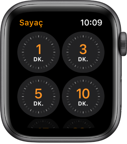 1, 3, 5 ve 10 dakikalık hızlı sayaçlar gösteren Sayaç uygulaması ekranı.