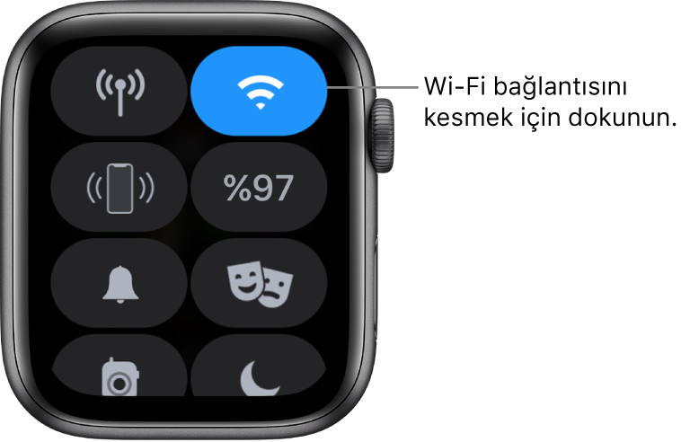 Wi-Fi düğmesi sağ üstte olmak üzere Apple Watch’taki (GPS + Hücresel) Denetim Merkezi. Belirtme çizgisinde “Wi-Fi bağlantısını kesmek için dokunun” yazıyor.