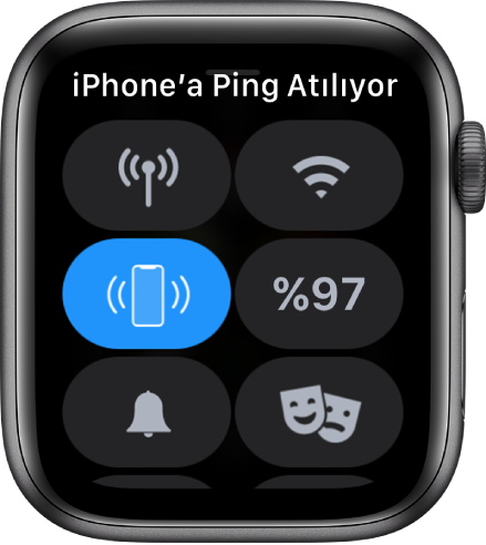 Sol ortada iPhone’a Ping At düğmesinin gösterildiği Denetim Merkezi.