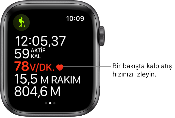 Antrenmanda geçen süre ve kalp atış hızı antrenman istatistiklerini gösteren ekran.