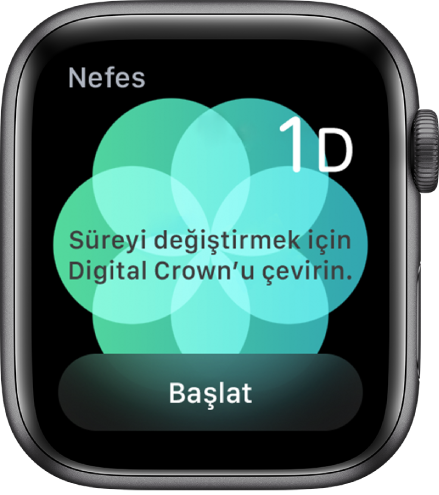 Sağ üstte bir dakikalık süreyi ve alt kısımda Başlat düğmesini gösteren Nefes uygulaması ekranı.