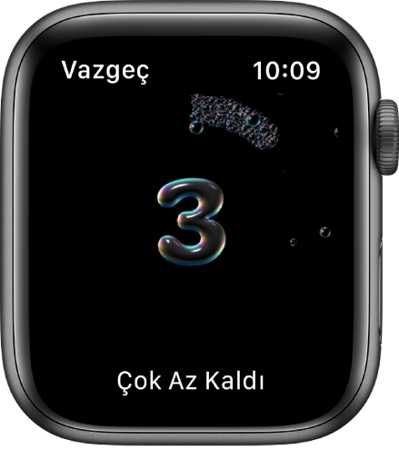 3’ten geriye sayan El Yıkama ekranı. En altta “Çok Az Kaldı” sözcükleri görünüyor.