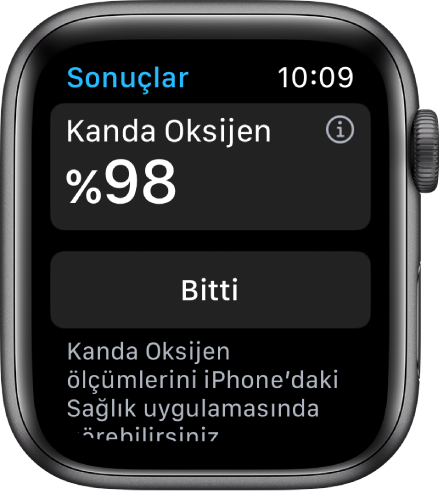 Kanda doygunluk düzeyini yüzde 98 olarak gösteren Kanda Oksijen sonuçları ekranı. En altta Bitti düğmesi var.