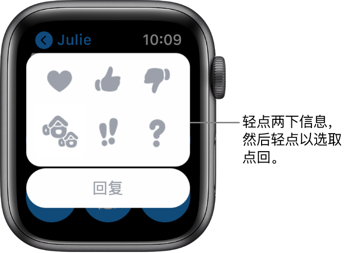 “信息”对话中的点回选项:比了个心、大拇指朝上、大拇指朝下、哈哈、!! 和 ?。下方是“回复”按钮。