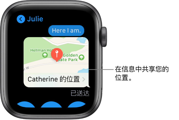 在地图中显示发送者位置的“信息”屏幕。