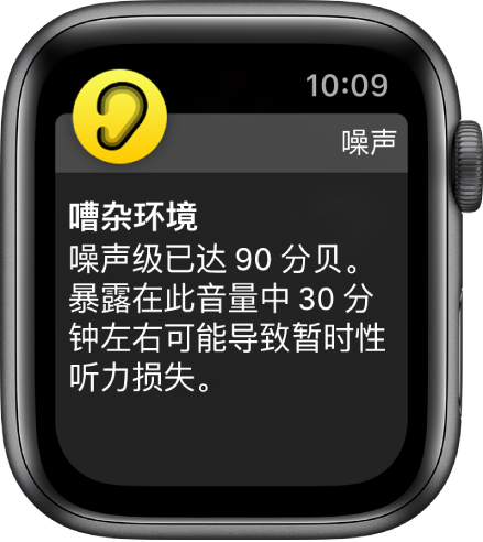 噪声级已达 90 分贝的“噪声”通知。长期暴露于此噪声级的警告显示在下方。