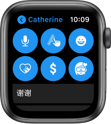“信息”屏幕显示 Apple Pay 按钮,以及“听写”、“随手写”、“表情符号”、“数码点触”和“拟我表情”按钮。