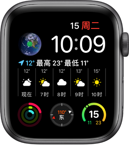 “图文模块”表盘显示多个复杂功能,左上方是“地球”复杂功能,表盘中间是“天气”复杂功能,底部是三个子表盘复杂功能:健身记录、指南针和天气温度。