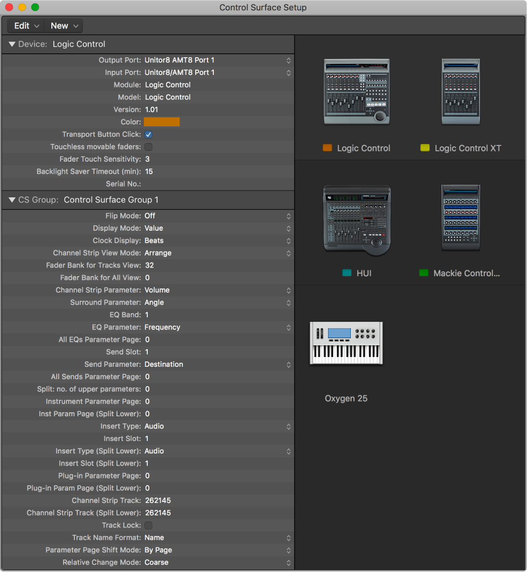 Logic Pro Control Surface Setup window with multiple control surfaces.