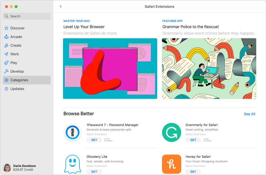 Die Seite „Safari-Erweiterungen“ des Mac App Store. Die Seitenleiste auf der linken Seite hat Links zu anderen Seiten: Entdecken, Erstellen, Arbeiten, Spielen, Entwickeln, Kategorien und Updates. Auf der rechten Seite befinden sich die verfügbaren Safari-Erweiterungen.