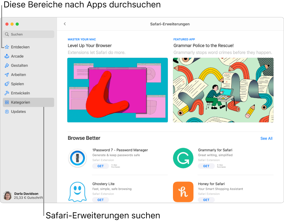 Die Seite „Safari-Erweiterungen“ des Mac App Store. Die Seitenleiste auf der linken Seite enthält Links zu anderen Seiten: Entdecken, Arcade, Erstellen, Arbeiten, Spielen, Entwickeln, Kategorien und Updates. Auf der rechten Seite befinden sich die verfügbaren Safari-Erweiterungen.