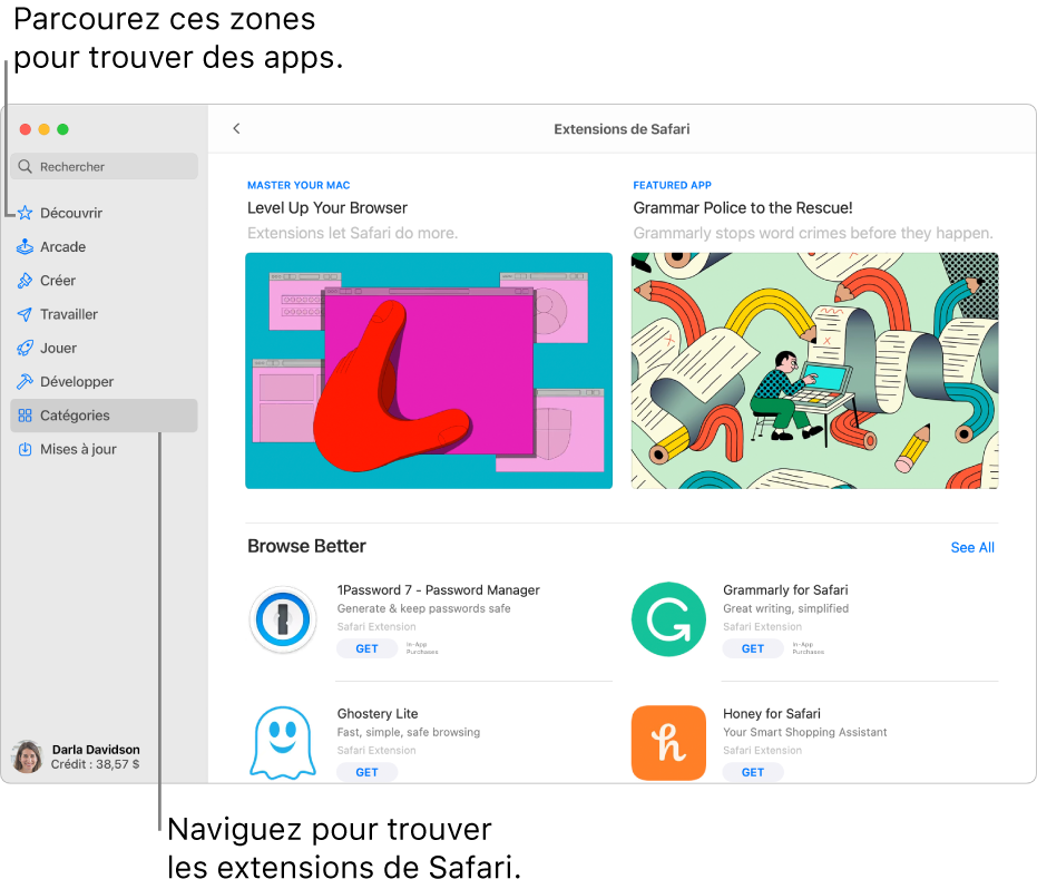 La page des extensions Safari du Mac App Store. La barre latérale située à gauche inclut des liens vers d’autres pages : Découvrir, Arcade, Créer, Travailler, Jouer, Développer, Catégories et Mises à jour. Les extensions de Safari se trouvent à droite.