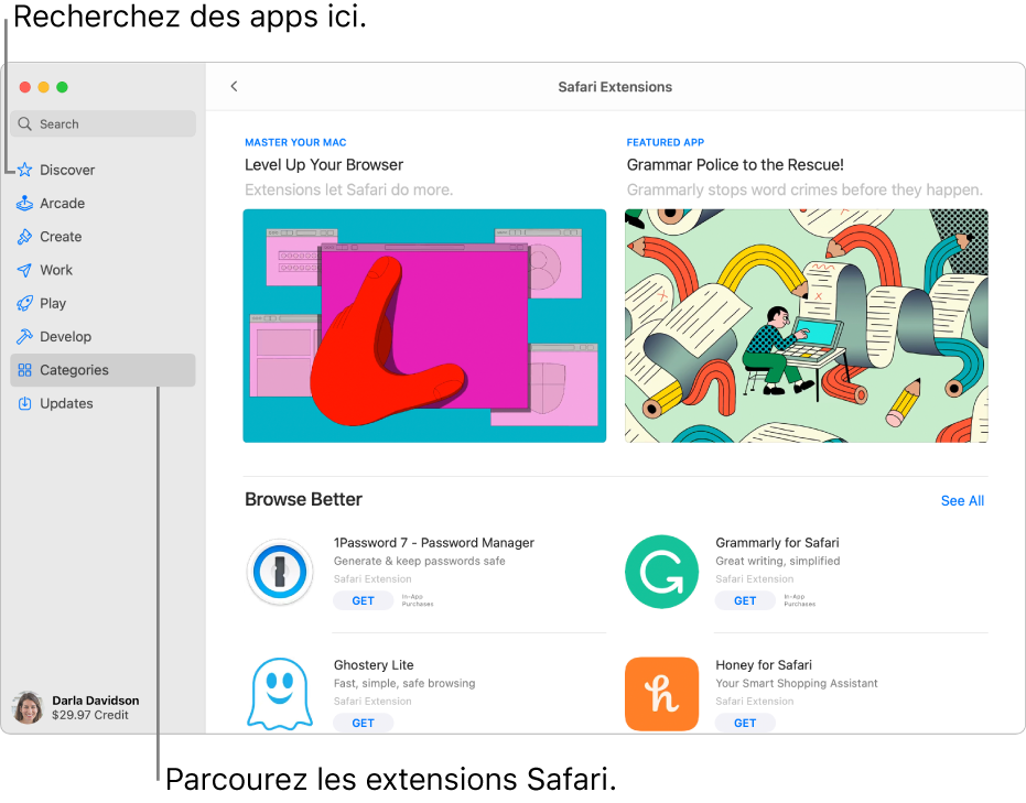 Page principale des extensions Safari du Mac App Store. La barre latérale située à gauche comprend des liens vers d’autres pages : Découvrir, Arcade, Créer, Travailler, Jouer, Développer, Catégories et Mises à jour. À droite se trouvent les extensions Safari disponibles.
