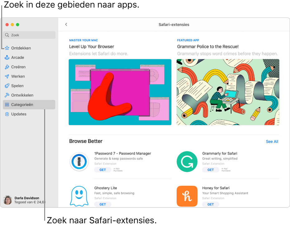 De pagina met Safari-extensies van de Mac App Store. De navigatiekolom aan de linkerkant bevat links naar andere pagina's: 'Ontdekken', 'Arcade', 'Creëren', 'Werken', 'Spelen', 'Ontwikkelen', 'Categorieën' en 'Updates'. Aan de rechterkant staan de beschikbare Safari-extensies.