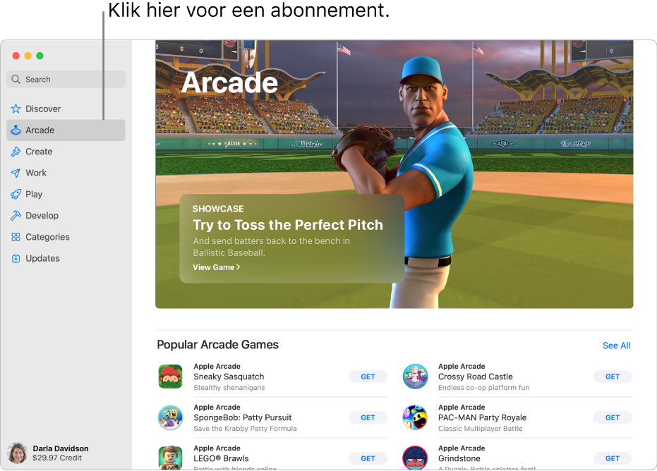 De beginpagina van Apple Arcade. In het paneel aan de rechterkant wordt een populaire game weergegeven, met daaronder andere beschikbare games.