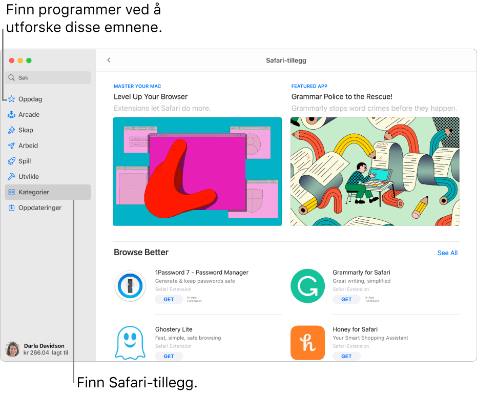 Siden for Safari-tillegg i Mac App Store. Sidepanelet til venstre inneholder lenker til andre sider: Oppdag, Arcade, Skap, Arbeid, Spill, Utvikle, Kategorier og Oppdateringer. Til høyre er tilgjengelige Safari-tillegg.
