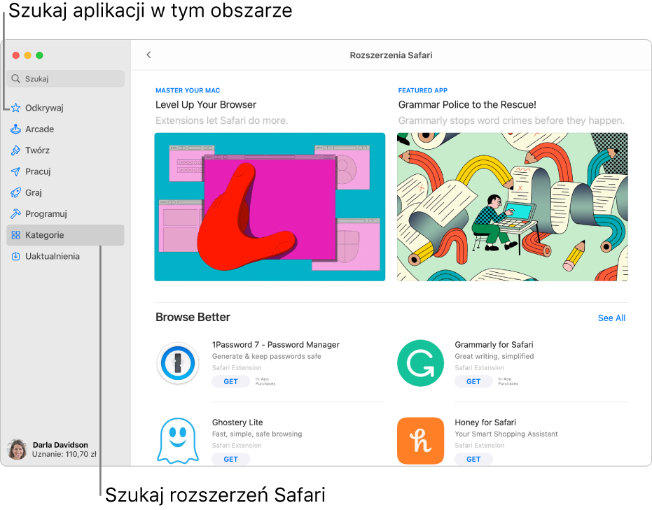 Strona z rozszerzeniami Safari w Mac App Store. Pasek boczny po lewej zawiera łącza do innych stron: Odkrywaj, Arcade, Twórz, Pracuj, Graj, Programuj, Kategorie i Uaktualnienia. Po prawej dostępne są rozszerzenia Safari.