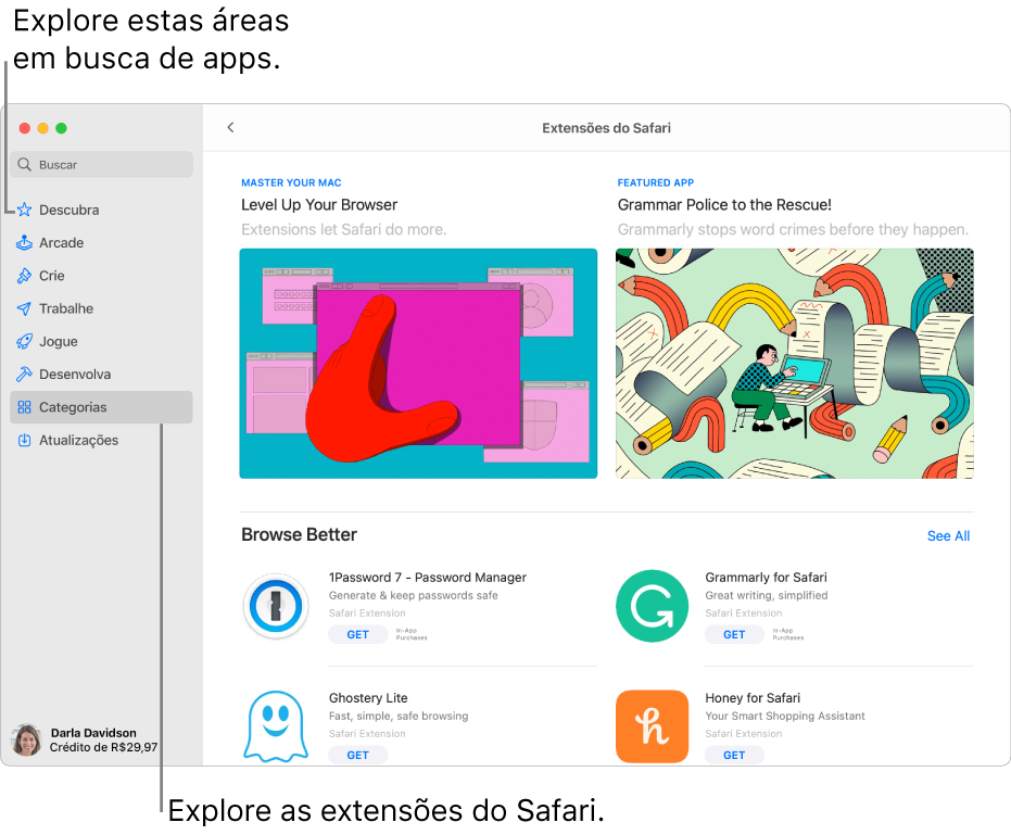 A página Extensões do Safari na Mac App Store. A barra lateral à esquerda inclui links para outras páginas: Descubra, Arcade, Crie, Trabalhe, Jogue, Desenvolva, Categorias e Atualizações. À direita, as extensões disponíveis do Safari.