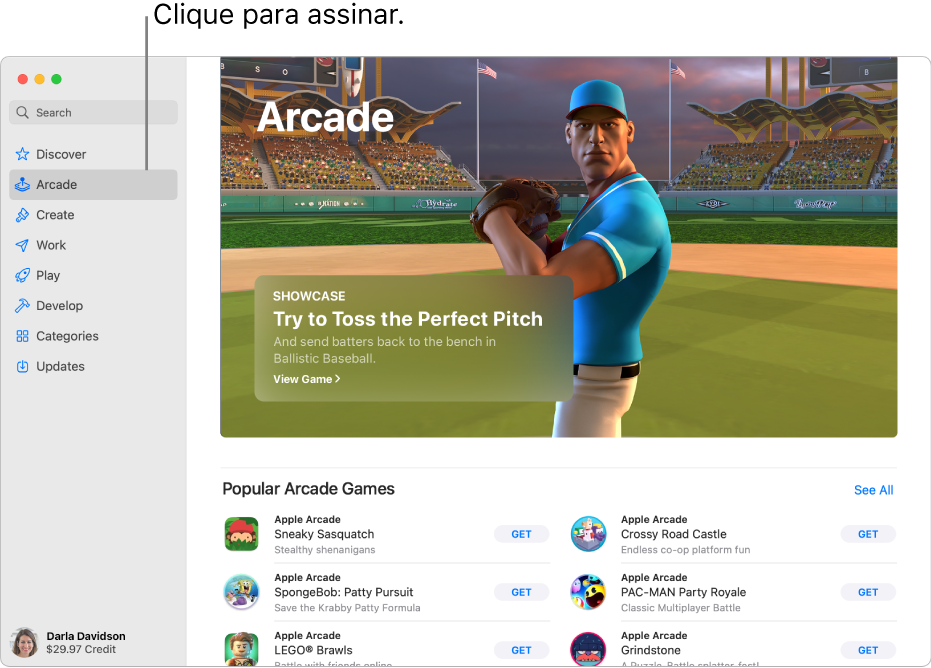 A página principal do Apple Arcade. É apresentado um jogo popular no painel à direita, com outros jogos disponíveis apresentados por baixo.