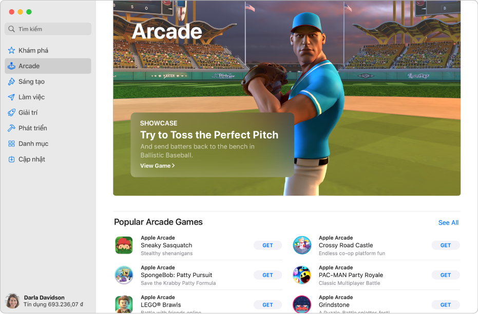 Trang Apple Arcade chính. Trò chơi phổ biến được hiển thị trong khung ở bên phải, với các trò chơi có sẵn khác được hiển thị bên dưới.