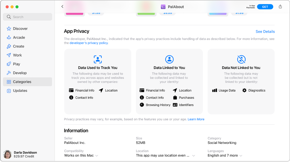 Mac App Store 主頁面的一部份,顯示所選 App 開發者的私隱政策:「用作追蹤你的資料」、「與你連結的資料」及「不與你連結的資料」。