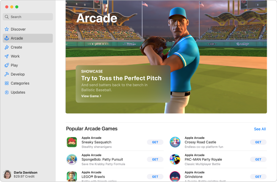Apple Arcade 主頁。右邊的面板顯示熱門遊戲,且下方顯示其他可用的遊戲。