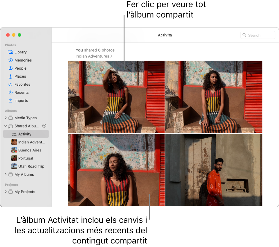 La finestra de l’app Fotos amb la vista Activitat seleccionada a la barra lateral i l’àlbum Activitat a la dreta.