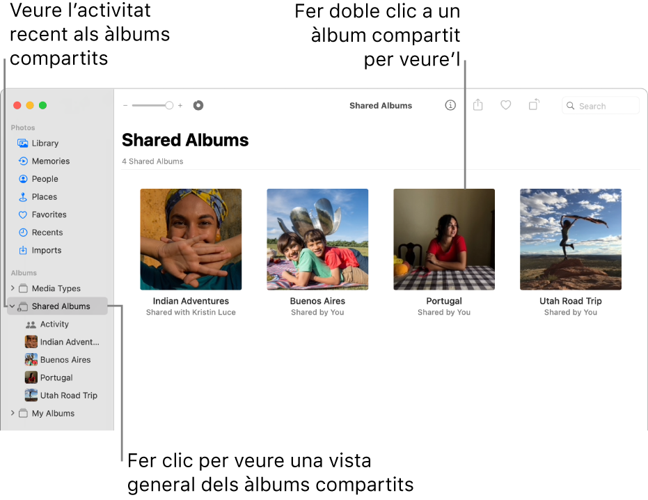 La finestra de l’app Fotos on es mostra la vista “Àlbums compartits” seleccionada a la barra lateral i els àlbums compartits a la dreta.