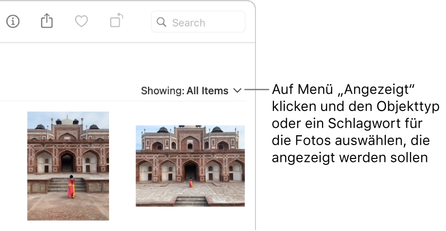 Das Einblendmenü „Anzeigen“ mit der ausgewählten Option zum Anzeigen aller Objekte.