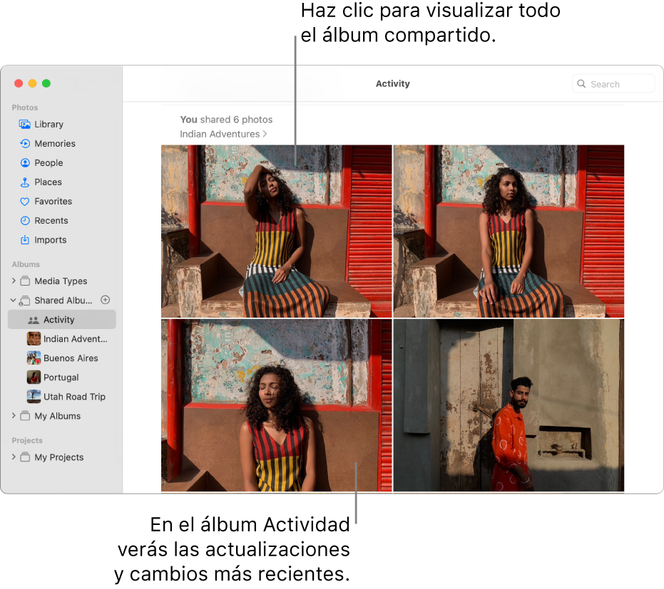 La ventana de Fotos con la opción Actividad seleccionada en la barra lateral y el álbum Actividad muestra a la derecha.