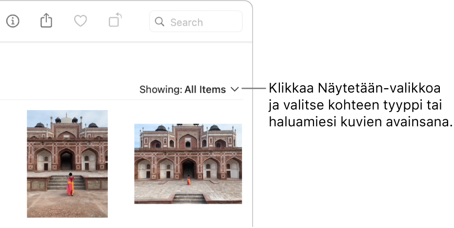 Näytetään-ponnahdusvalikko, joka on asetettu näyttämään kaikki kohteet.