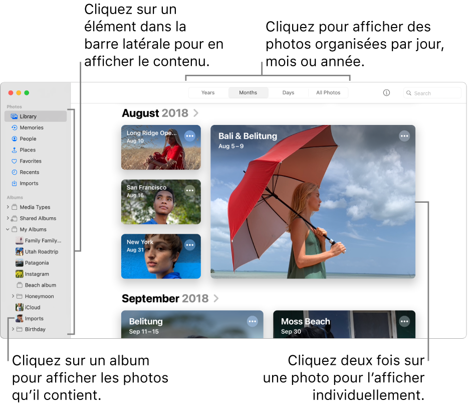 La fenêtre Photos avec Mois sélectionné dans la barre d’outils et des photos organisées par mois s’affichant dans la zone principale de la fenêtre. La barre latérale se trouve à gauche. Vous pouvez y sélectionner des albums et des projets.
