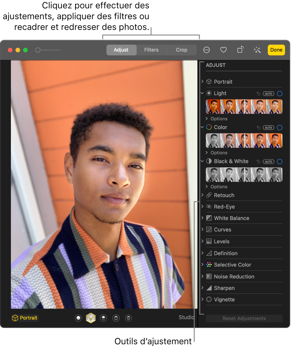 Une photo en mode édition, avec les outils d’édition dans la sous-fenêtre Ajuster à droite.