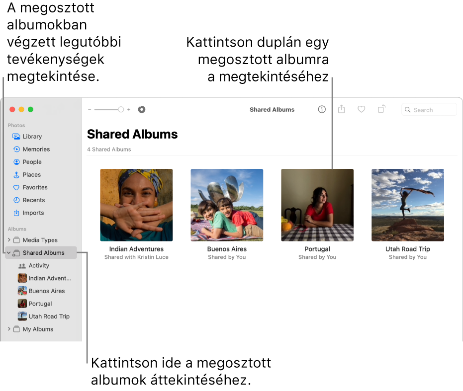 A Fotók ablaka az oldalsávon a kiválasztott Megosztott albumok elemmel, a jobb oldalon megosztott albumok látható.