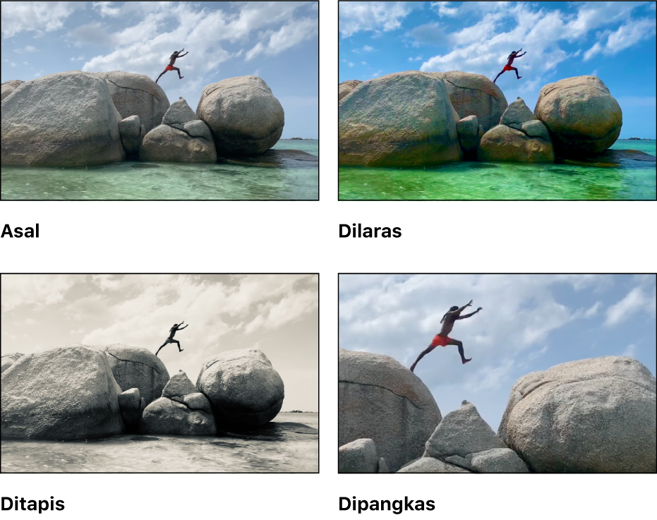 Empat versi video: video asal, versi dengan pelarasn digunakan, versi dengan penapis digunakan dan versi yang dipangkas untuk mencipta paparan dekat.