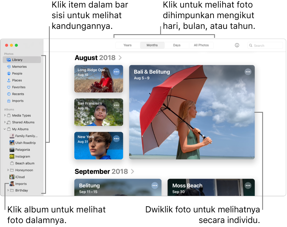 Tetingkap Foto menunjukkan Bulan dipilih dalam bar alat dan foto yang diatur mengikut bulan muncul dalam kawasan utama tetingkap. Di sebelah kiri ialah bar sisi, tempat anda boleh memilih album dan projek.