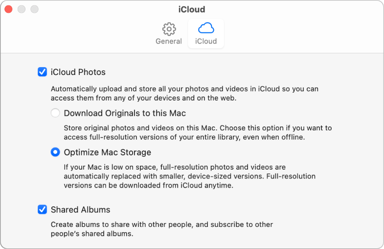Het paneel 'iCloud' in het voorkeurenvenster van Foto's.