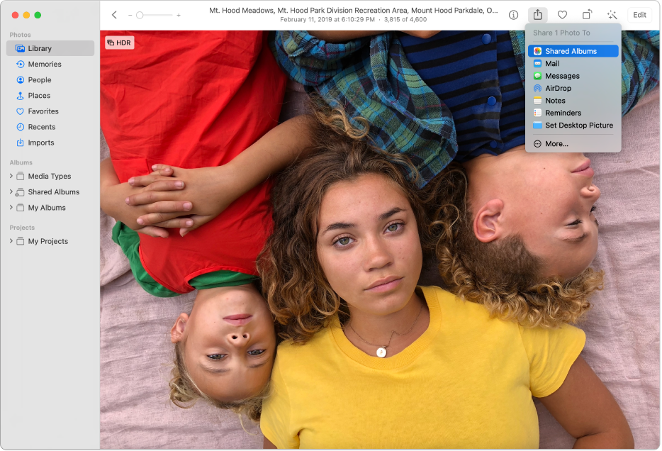 Bilder-vinduet, som viser et bilde og Del-menyen, som er åpen under Del-knappen i verktøylinjen.